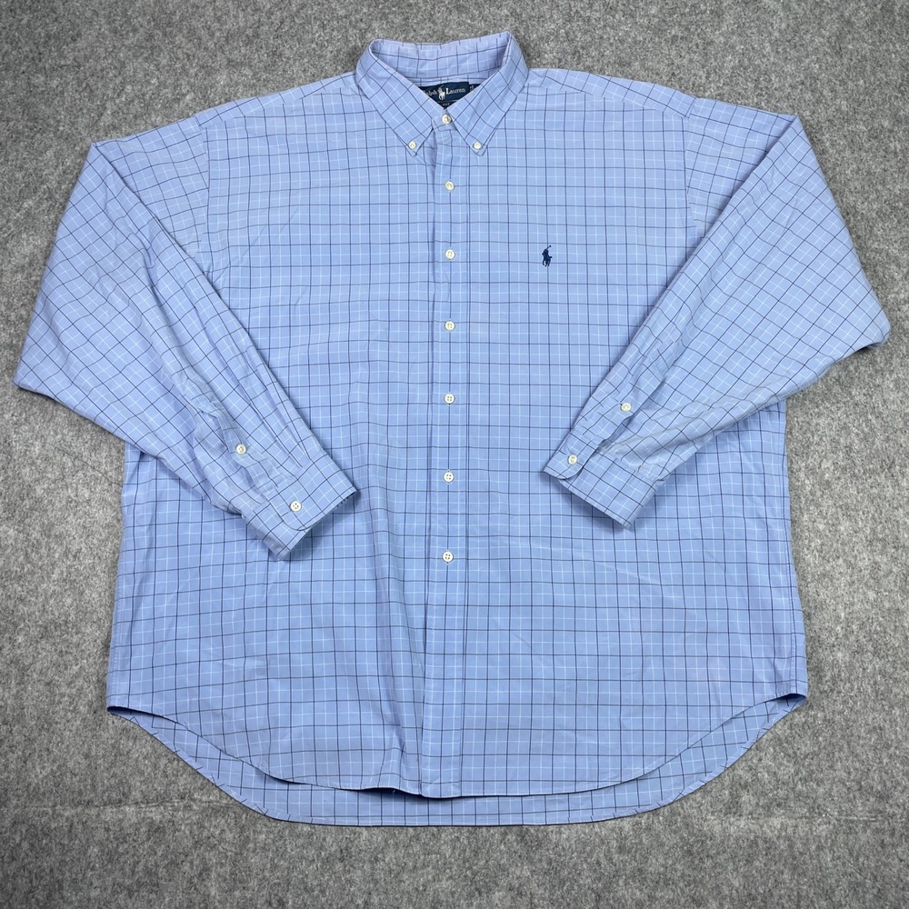 VTG Ralph Lauren Shirt Mens XXL Blue Blake Check Two-Ply Button Down Long Sleeve